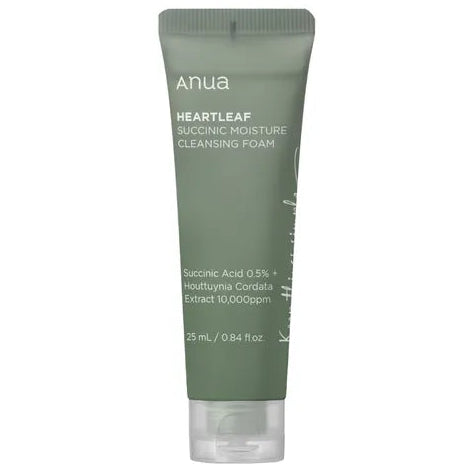 Green tube of Anua Heartleaf Succinic Moisture Cleansing Foam on a white background