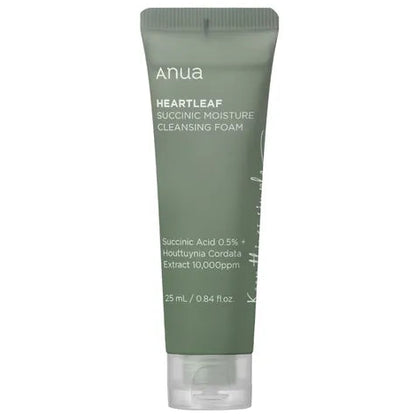 Green tube of Anua Heartleaf Succinic Moisture Cleansing Foam on a white background
